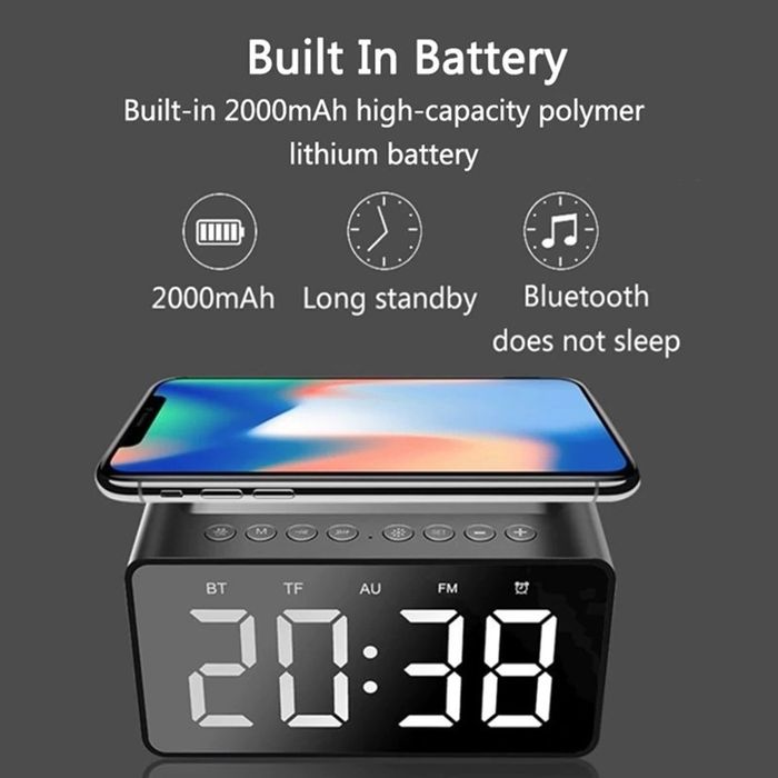 Carregador sem fios, despertador bluetooth, cartão do tf, rádio FM