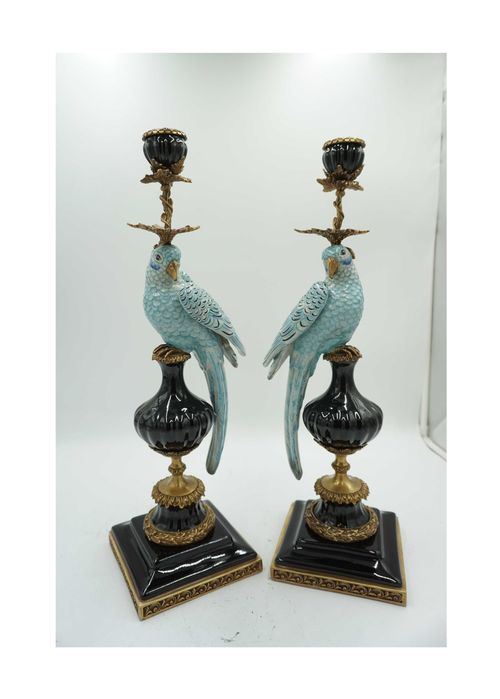 DUŻA para świeczników papugi porcelana z brązem cudo wys-49cm