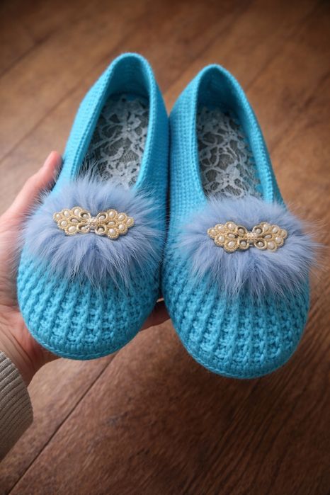 Przepiekne kapcie papcie balerinki niebieskie z koronka handmade