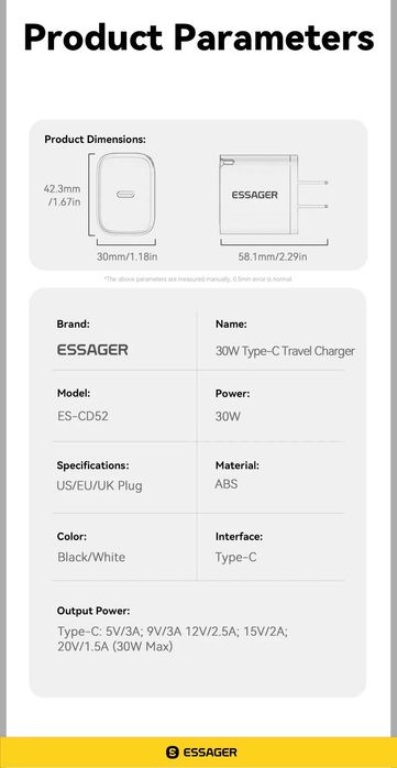 Комплект Зарядка і Кабель для iPhone Айфону. Зарядка 30W Essager Mini Type-C + Кабель Type-C-iPhone Lightning 1м Білий для iPhone. Кабель Lightning
