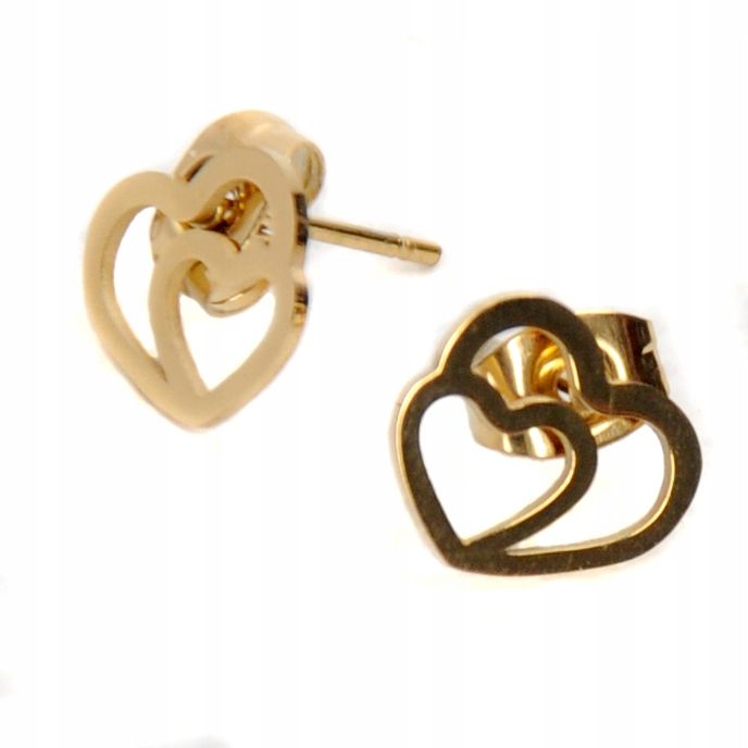 Kolczyki Podwójne Serce Wkręty Złote Stal
