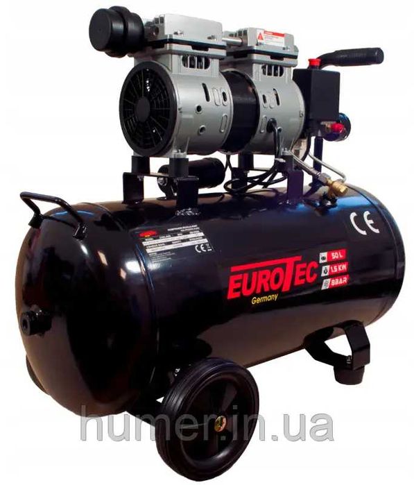 Компресор 2-х циліндровий безмасляний Eurotec 50л 1500Вт 200 л/хв 8бар