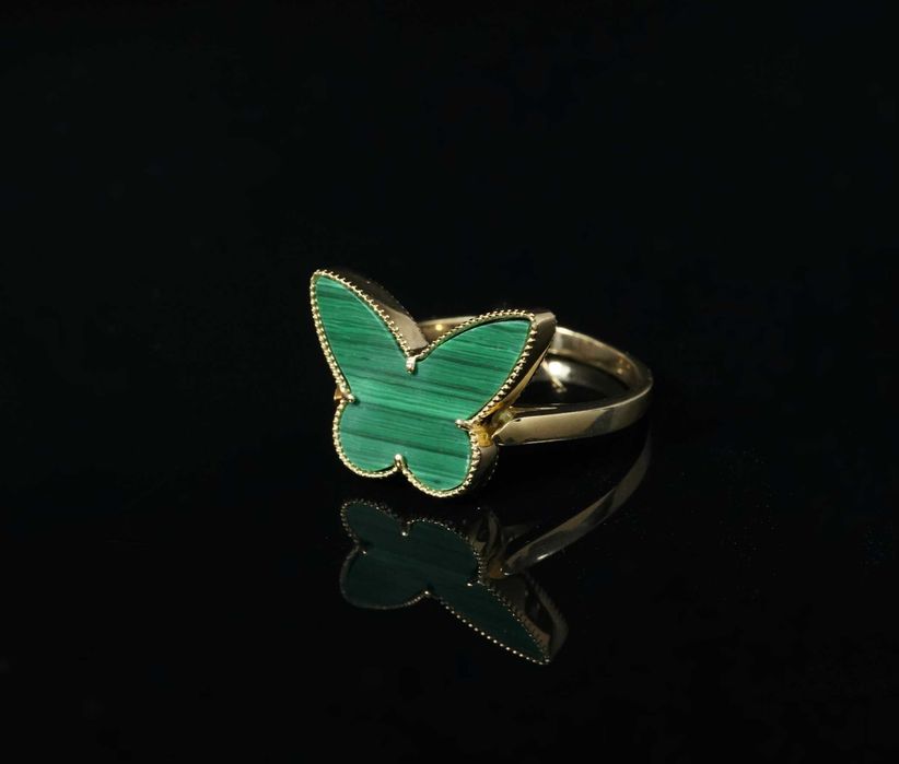 Złoto 585 - złoty pierścionek Motylek, malachit. Rozmiar 15