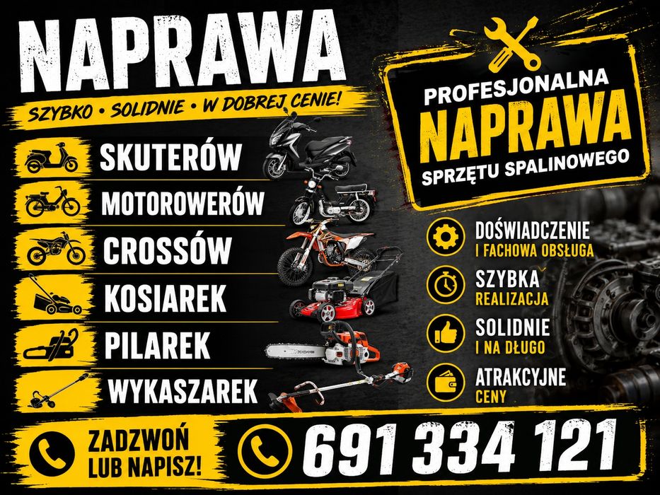 Naprawa skuterów, motorowerów, crossów,kosiarek,pilarek,wykaszarek