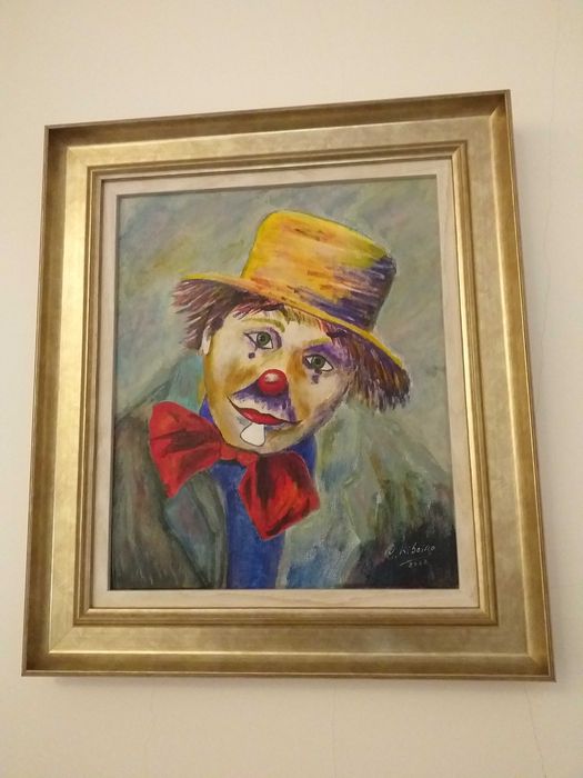 Tela pintada em acrílico " O PALHAÇO " em moldura de 35X40 cm.