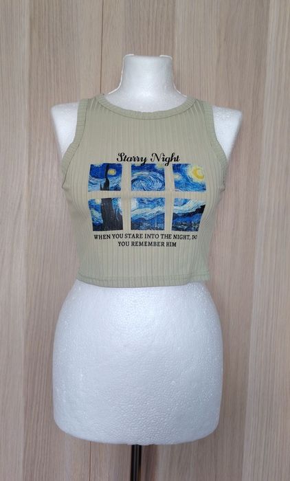 Pistacjowy prążkowany crop top grafika XS/S