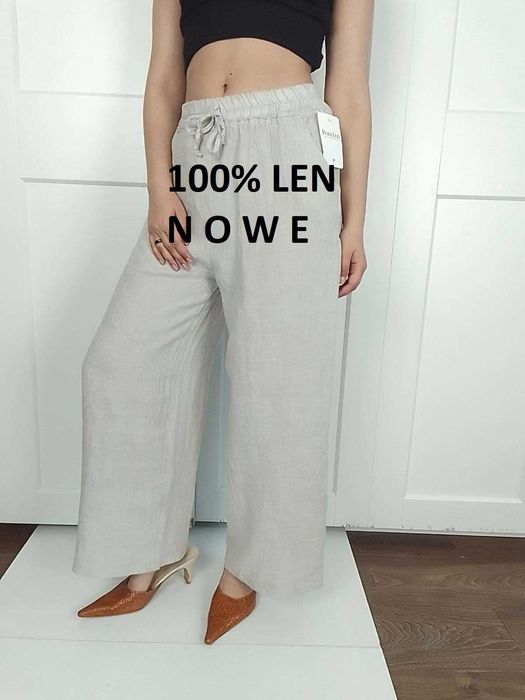 LEN 100% nowe beżowe lniane szerokie spodnie S M L uniwersalne