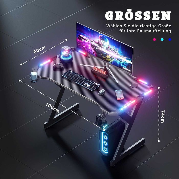 Nowe biurko gamingowe / 100x60cm / komputerowe / LED / carbon / W577!