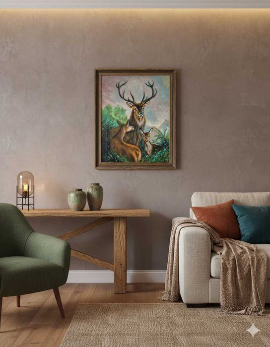 Obraz olejny ręcznie malowany pt. Rodzinka jeleni