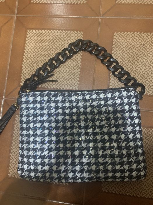 Carteira/mala xadrez preto e branco com lantejoulas