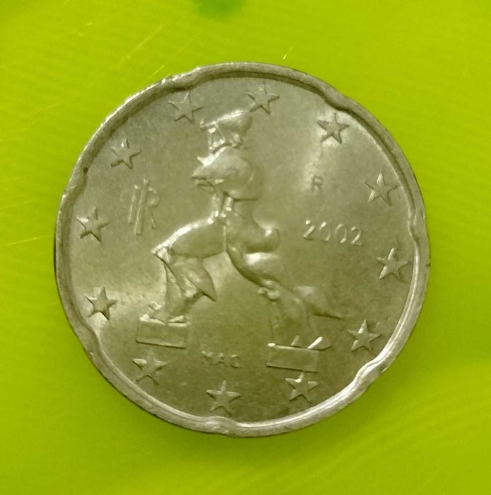 Moeda de 20 cêntimos de 2002. Rara, com erros e defeito de cunhagem.