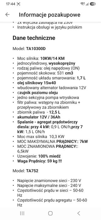 Agregat prądotwórczy  z silnikiem diesla