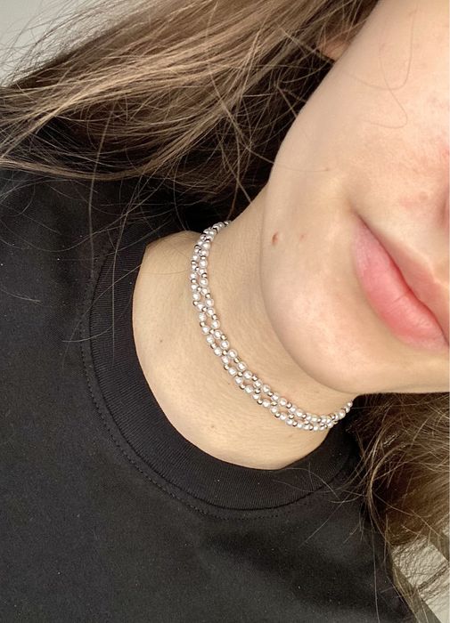 Perłowo-srebrny choker z koralików handmade