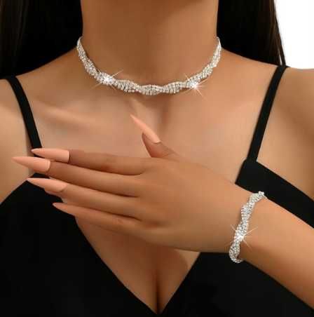 Komplet Biżuterii Damski Naszyjnik Bransoletka Srebrny Cyrkonie Slubny