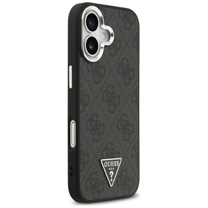 Guess Nakładka Magsafe 4G PU Leather Case With Triangle Logo And Silver Metal Camera Frame Do iPhone 17 Czarna