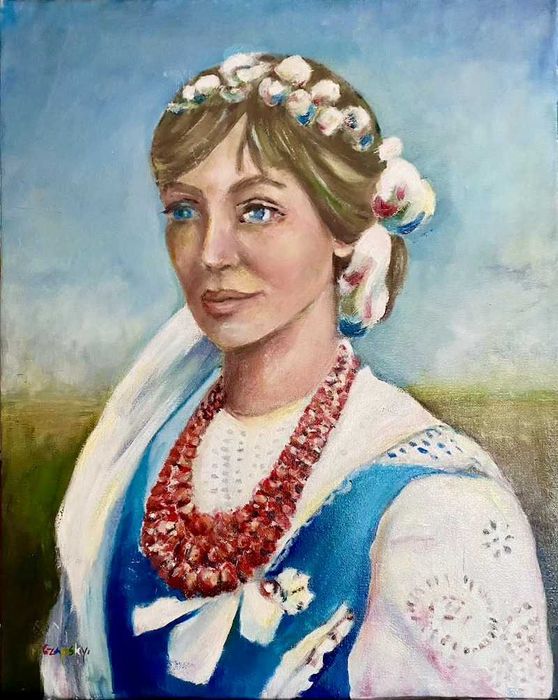 "Dziewczyna w koralach". Obraz na płótnie.