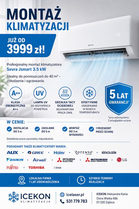 Montaż klimatyzacji usługa premium haier aux gree daikin lg airwell