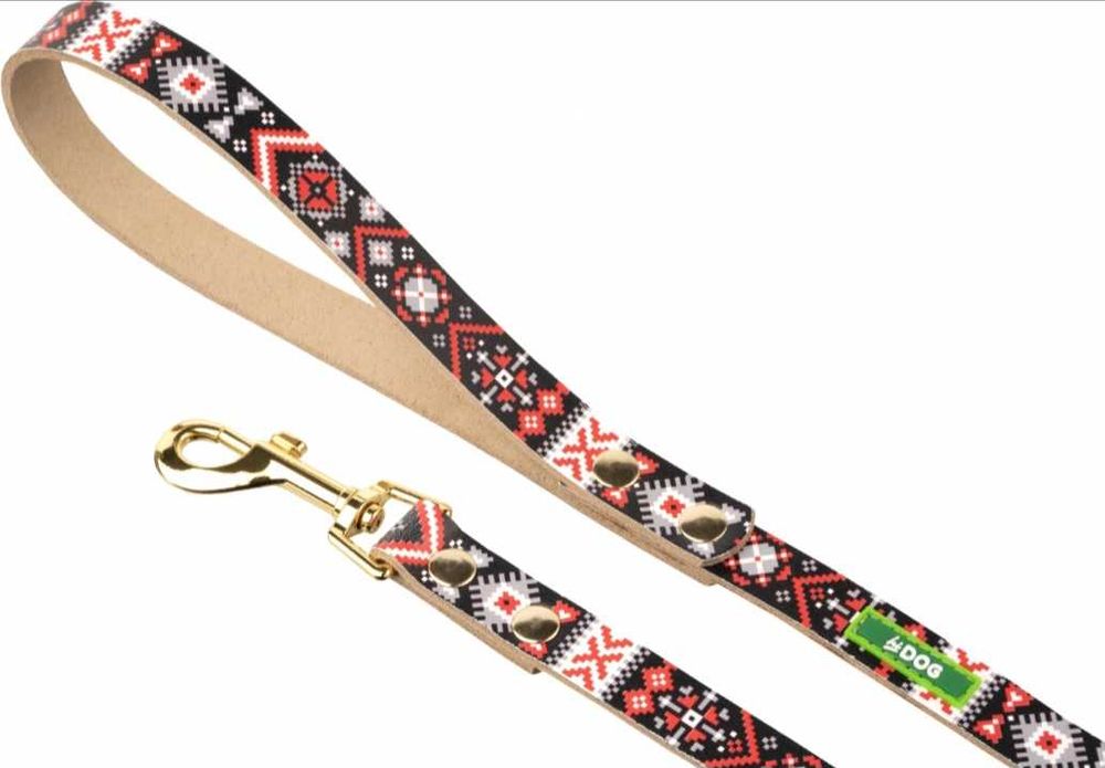 Шлея з повідцем шкіряна Hi Dog "Вишиванка"