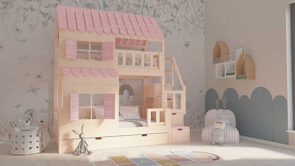 Łóżko piętrowe domek ze schodami