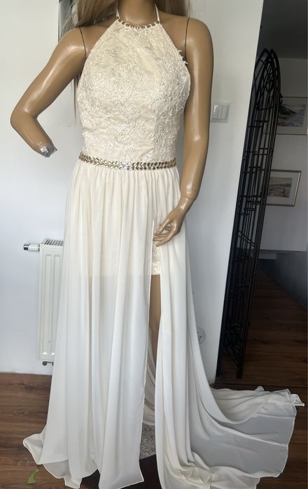 Suknia ślubna Wesele ecru kremowa S / XS z trenem szyfon