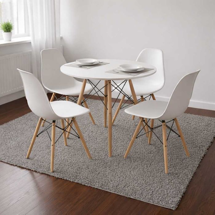 NOWY Stół z Krzesłami Okrągły Biały Do Jadalni Kuchni Salonu Drewniany