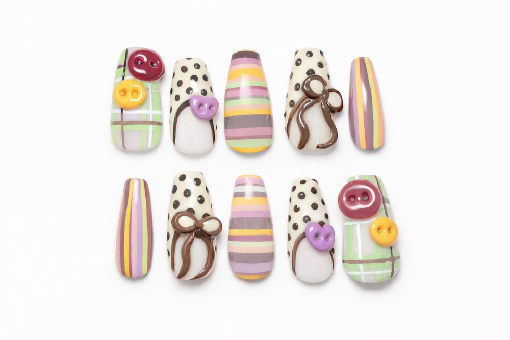 Paznokcie Press On Coquette | Pastelowe 3D | guziki kokardki handmade