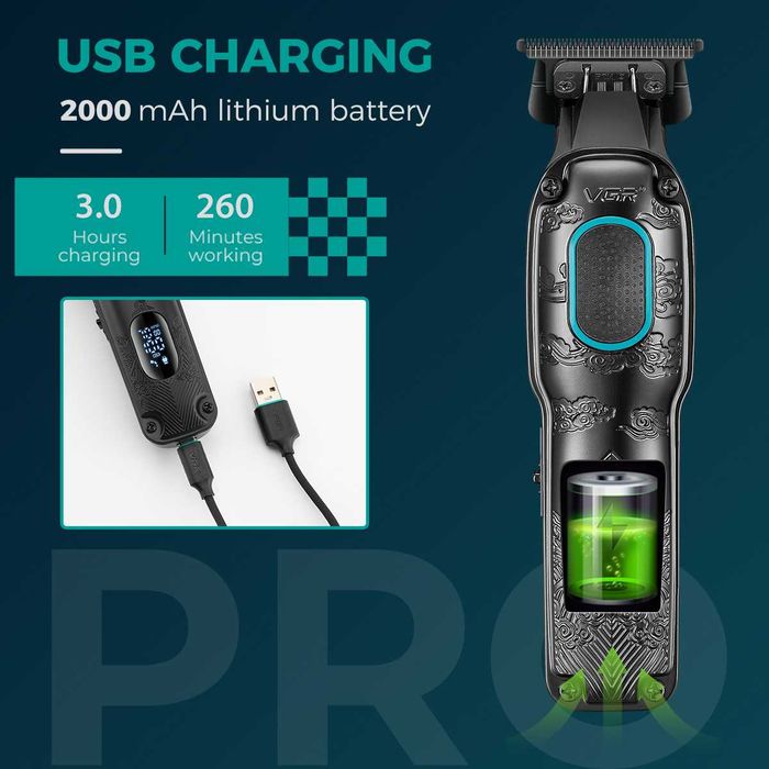 Тример для волосся та бороди VGR V-254Green 4 насадки  LED дисплей