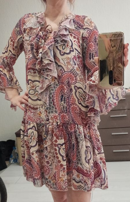 La Perla Sukienka krótka trapezowa boho aztecki wzór rękaw 3/4 luźna