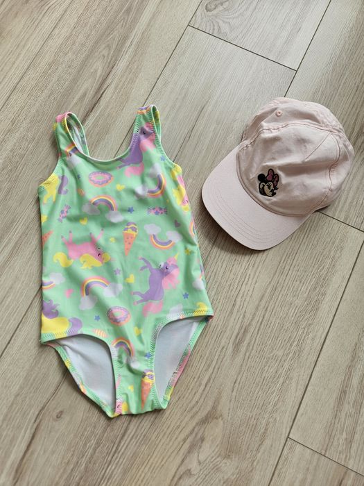 Strój kąpielowy H&M 98 jednorożce stan idealny oraz czapeczka H&M  98