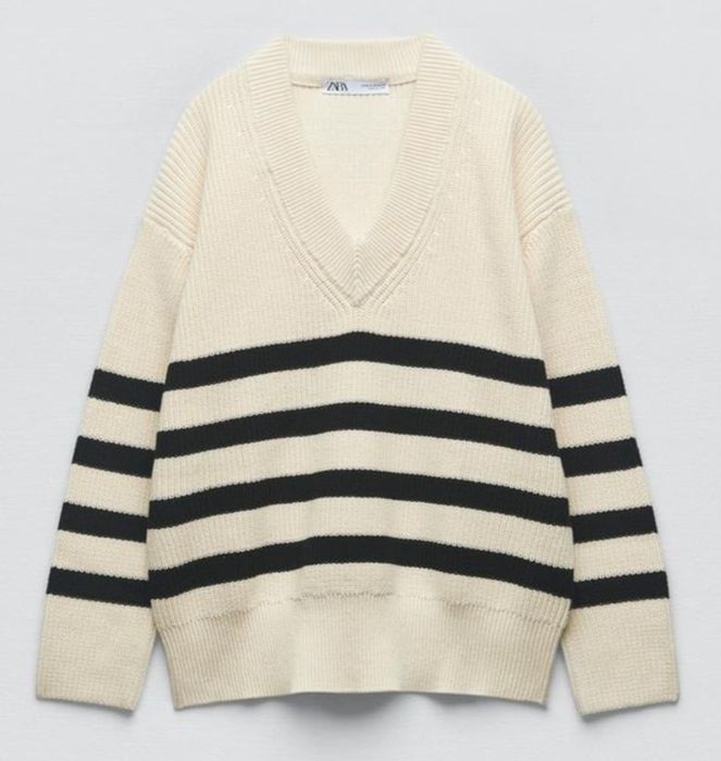 Bawełniany sweter damski w paski Zara dekolt V kremowy off white