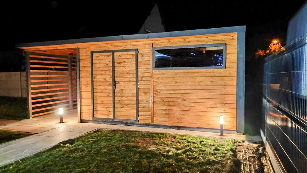 %RATY% Nowoczesny domek narzędziowy z drewutnia zadaszeniem