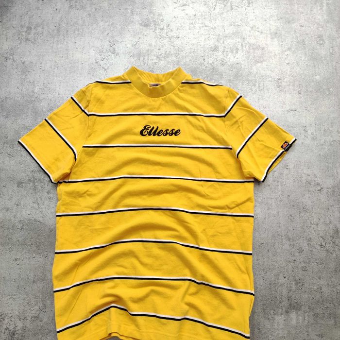 MĘSKA Koszulka Żółta Paski w Stylu RETRO Ellesse Haft Logo Casual