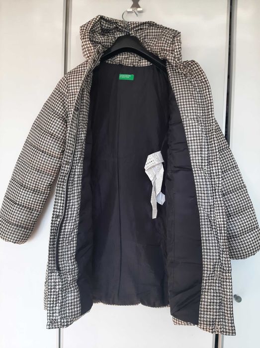 Benetton puchowy płaszcz zimowy pepitka 10-11 lat
