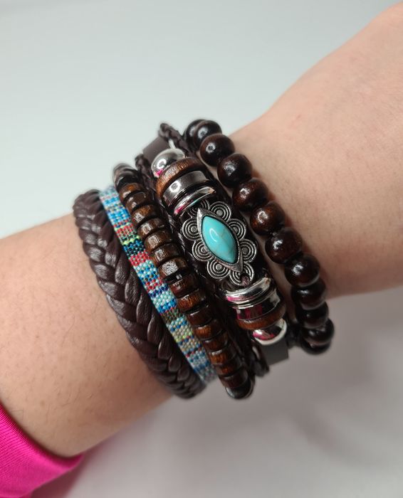 Zestaw 5 bransoletek turkus+brąz