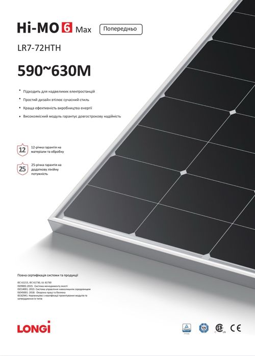 Сонячні панелі Longi 620W Двосторонні Сонячні станції під ключ