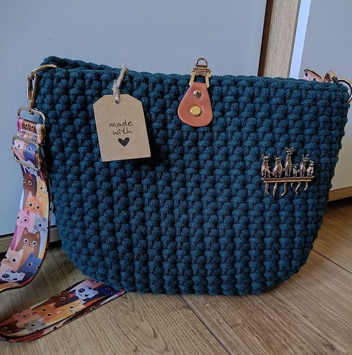 Koty kociaki torebka handmade bawełna listonoszka nowa prezent butelkowa zieleń