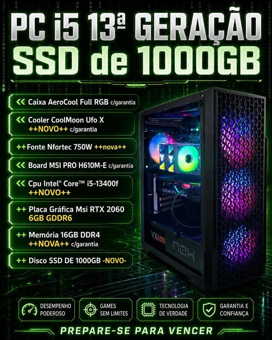 Pc Gamer i5 de 13ªGeração Graf. RTX SSD 1000GB **NOVO**