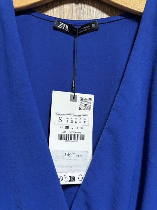 S 36 Zara błękitna chabrowa sukienka dekolt V długi rękaw Sylwester