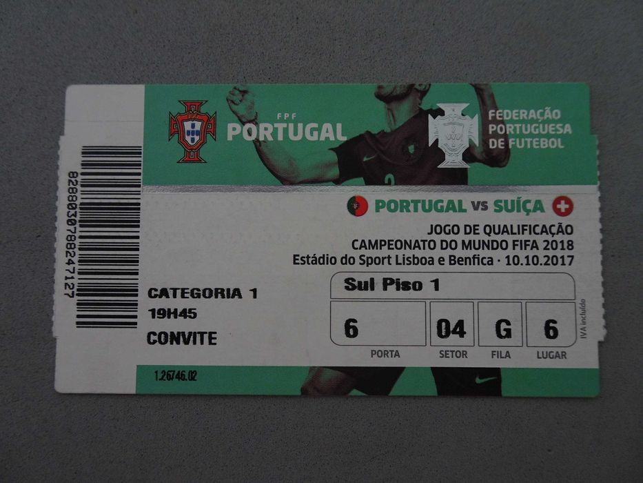 Bilhete de futebol Portugal - Suiça - Jogo de qualificação - Campeonato do Mundo FIFA 2018 - 10 outubro 2017
