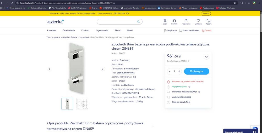 Bateria podtynkowa ,Nowy zestaw podtynkowy Zucchetti R97820 + ZIN659 (Termostat) – OKAZJA!