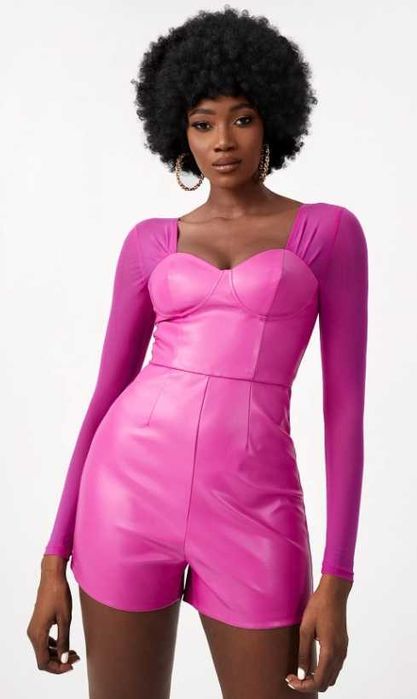 Różowy kombinezon: siateczka + eko skóra