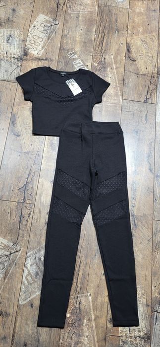 Włoski czarny komplet z legginsami prążek siateczka wysoki stan S M