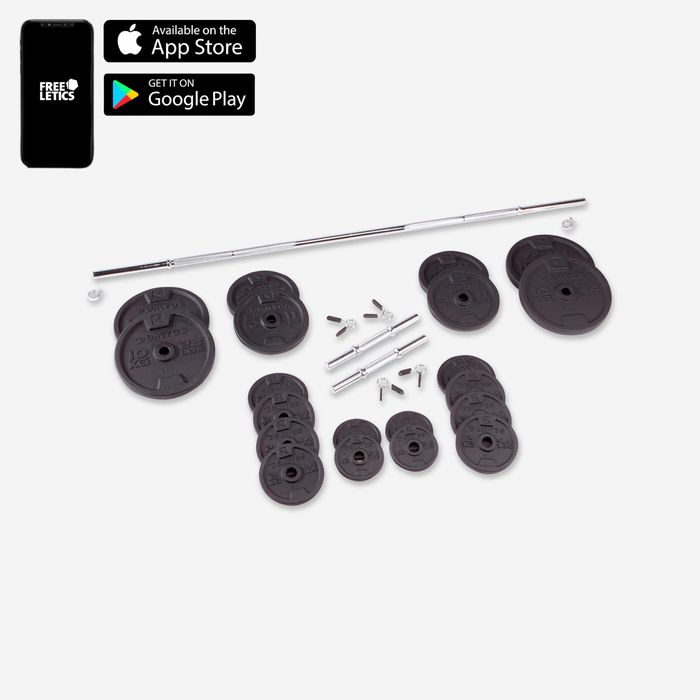 Conj. 93 kg halteres e barras musculação com disco ferro fundido