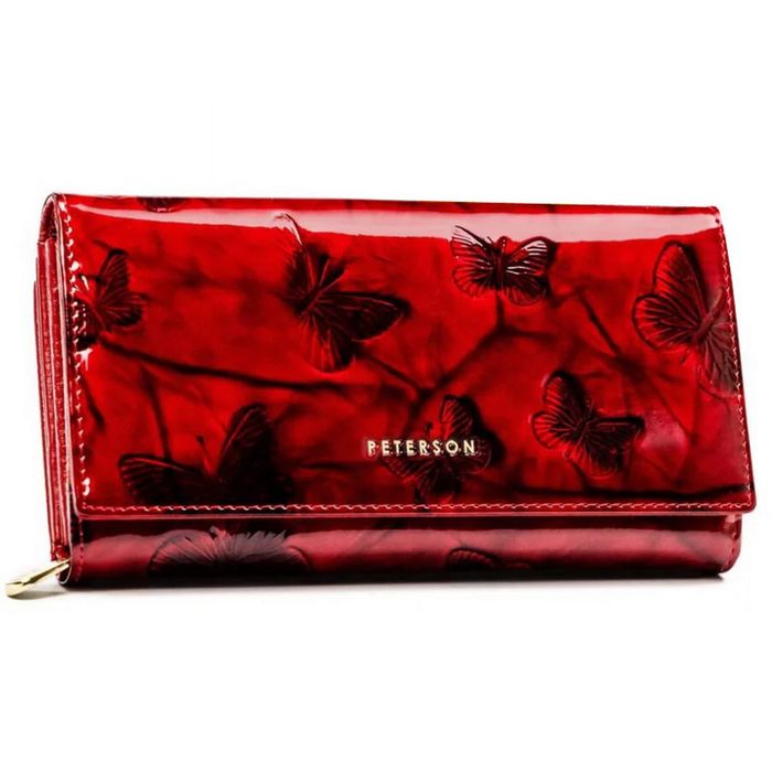 PETERSON portfel damski skórzany lakierowany z motylami P168 czerwony