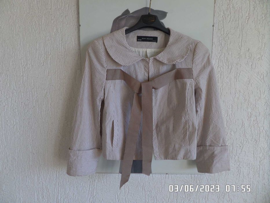 Zara krótka marynarka w paseczki z kokardą xs