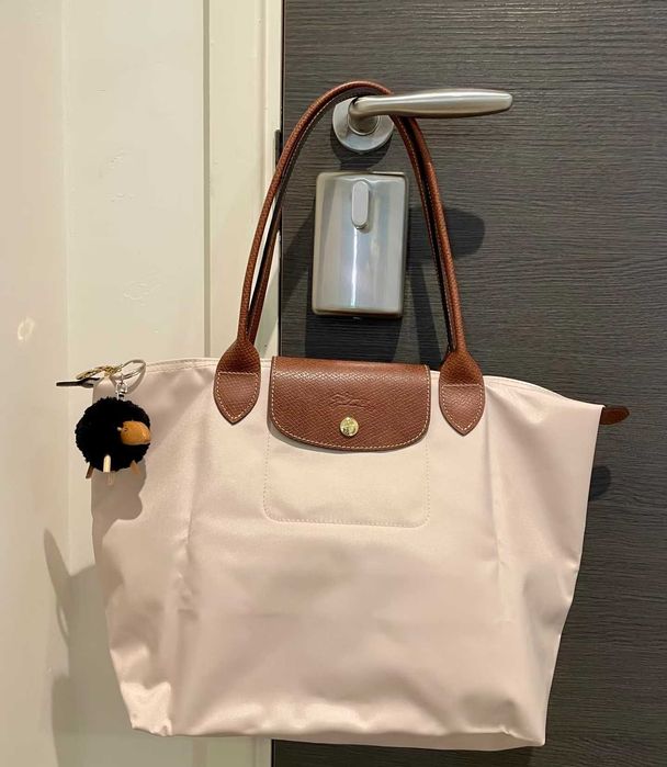 Torba shopper Longchamp duża, długie uchwyty, kolor biały papierowy