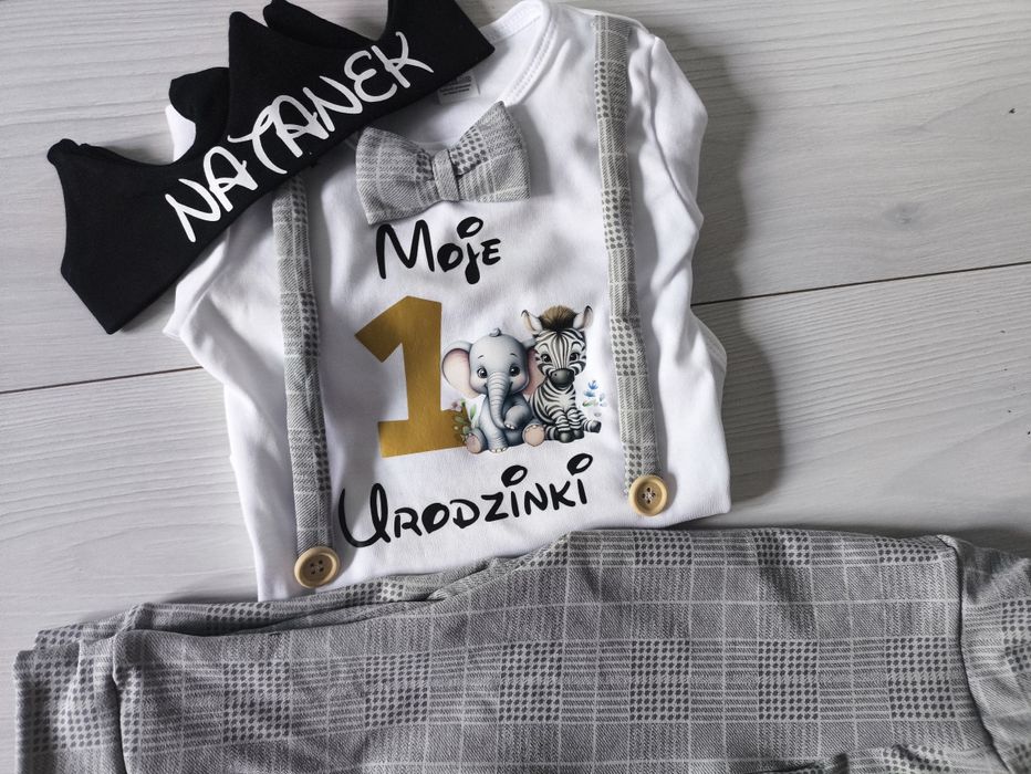 Komplet elegancik chłopiec roczek pierwsze urodziny safari farma rok