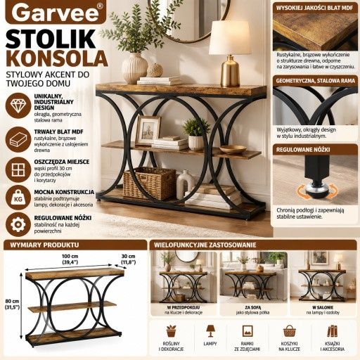 Stylowy stolik konsola industrialny Garvee z półkami MDF