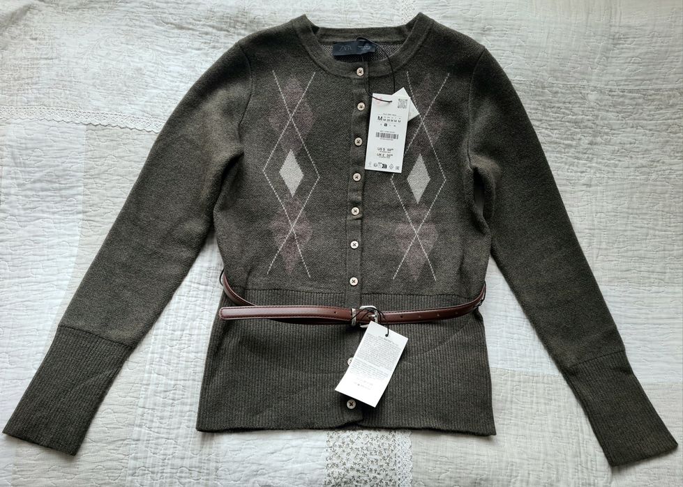 Sweter z paskiem Zara wełna romby M