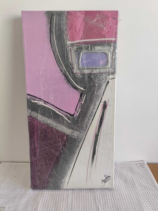 Tela / Pintura Abstrata Original Assinada (Tons de Rosa, Cinzento e Roxo